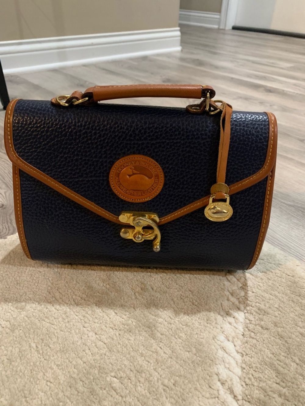 Vintage Navy and Tan Structured Top-Handle Women's Bag